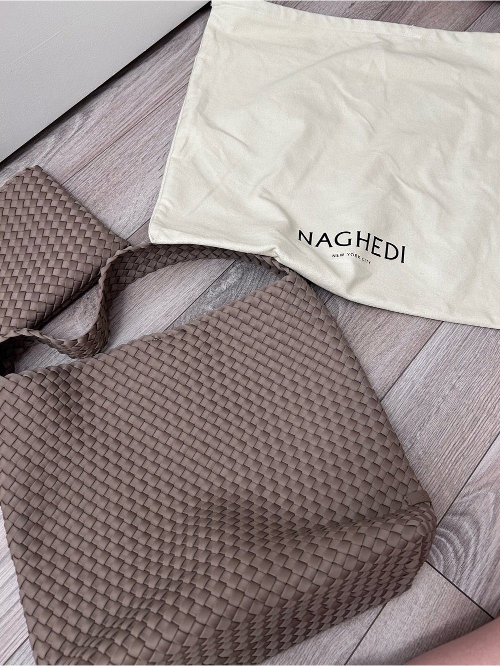 Naghedi Taupe Woven Tote Shoulder Bag with Braided Strap Pouch Insert Neoprene